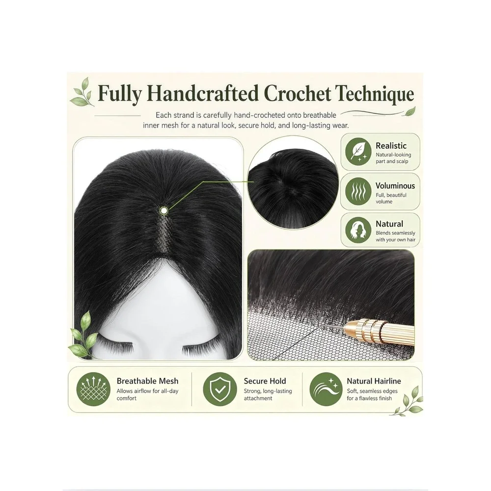 OOPPOO Black Human Hair Topper 360 3D Cover Side Bangs Thinning Crown Hairpiece